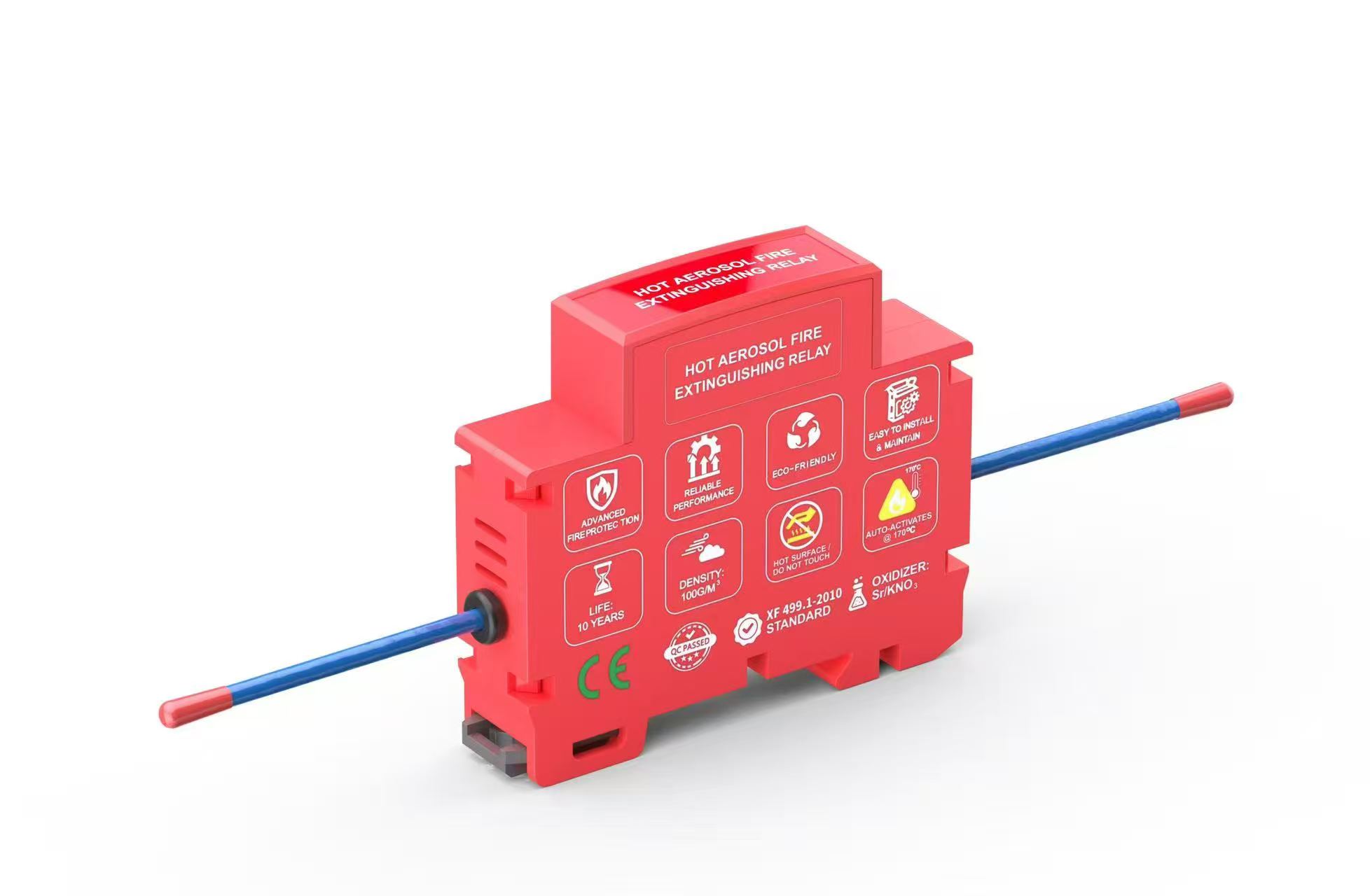 Red DIN-rail heat-activated aerosol fire suppression device with thermal leads