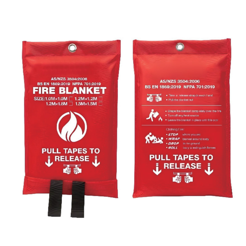 Pouch-pack fire blanket reference; documents are matched to the ordered model