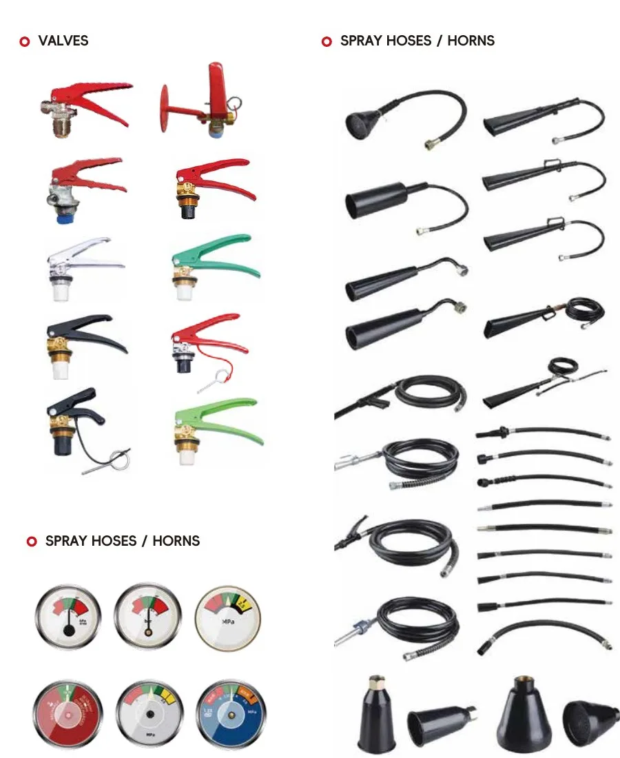 Fire extinguisher valves, gauges, hoses, horns and cylinders
